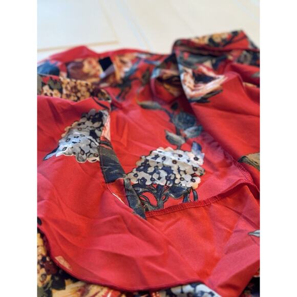 Jayvee Red Floral Ruffle Neck Waist Tie Chiffon Wrap Style Shirt, Sz L - Picture 5 of 7